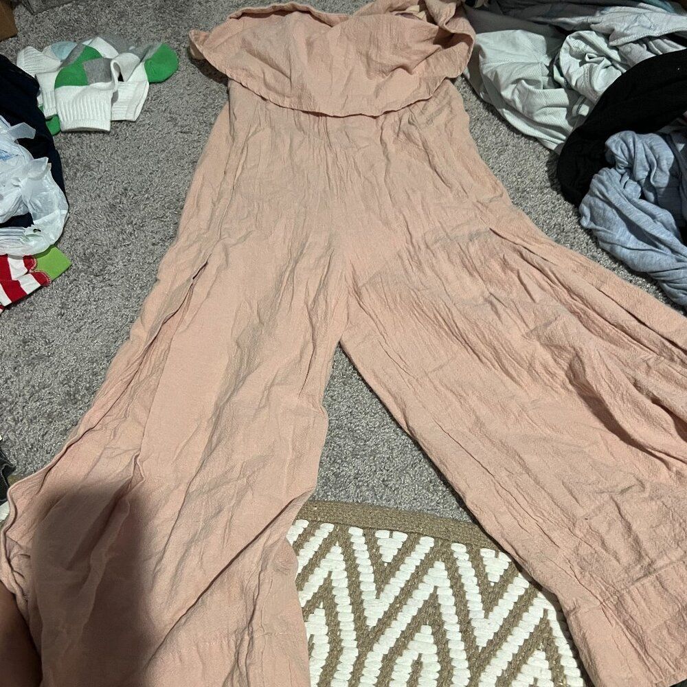 Selfie Leslie STRAPLESS WIDE LEG JUMPSUIT NUDE PINK Small